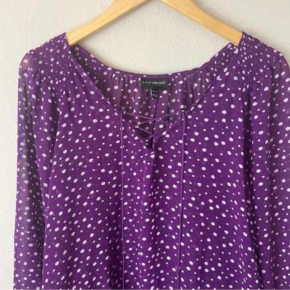 Lane Bryant Purple Polka Dots Blouse Sheer Lace Up Peasant Feminine Plus 22/24 - Picture 2 of 8